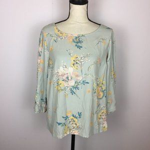 LC Lauren Conrad Blouse Top Sz L Womans Blue Floral Print 3/4 Sleeve Round Neck